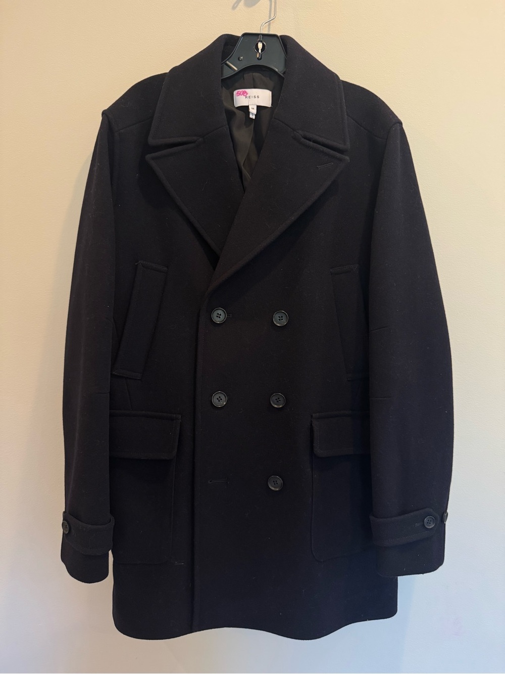 Reiss Men's Double-Breasted Wool-Blend Navy Blue Peacoat, Size Medium